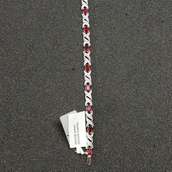 .925 Sterling Silver Garnet & Diamond Tennis Bracelet 7½" Dark Red NWT FMC - Picture 1 of 6
